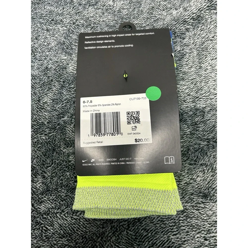 Nike Spark Mens Size 6-7.5 W 7.5-9 Neon Green Cushioned Ankle Socks